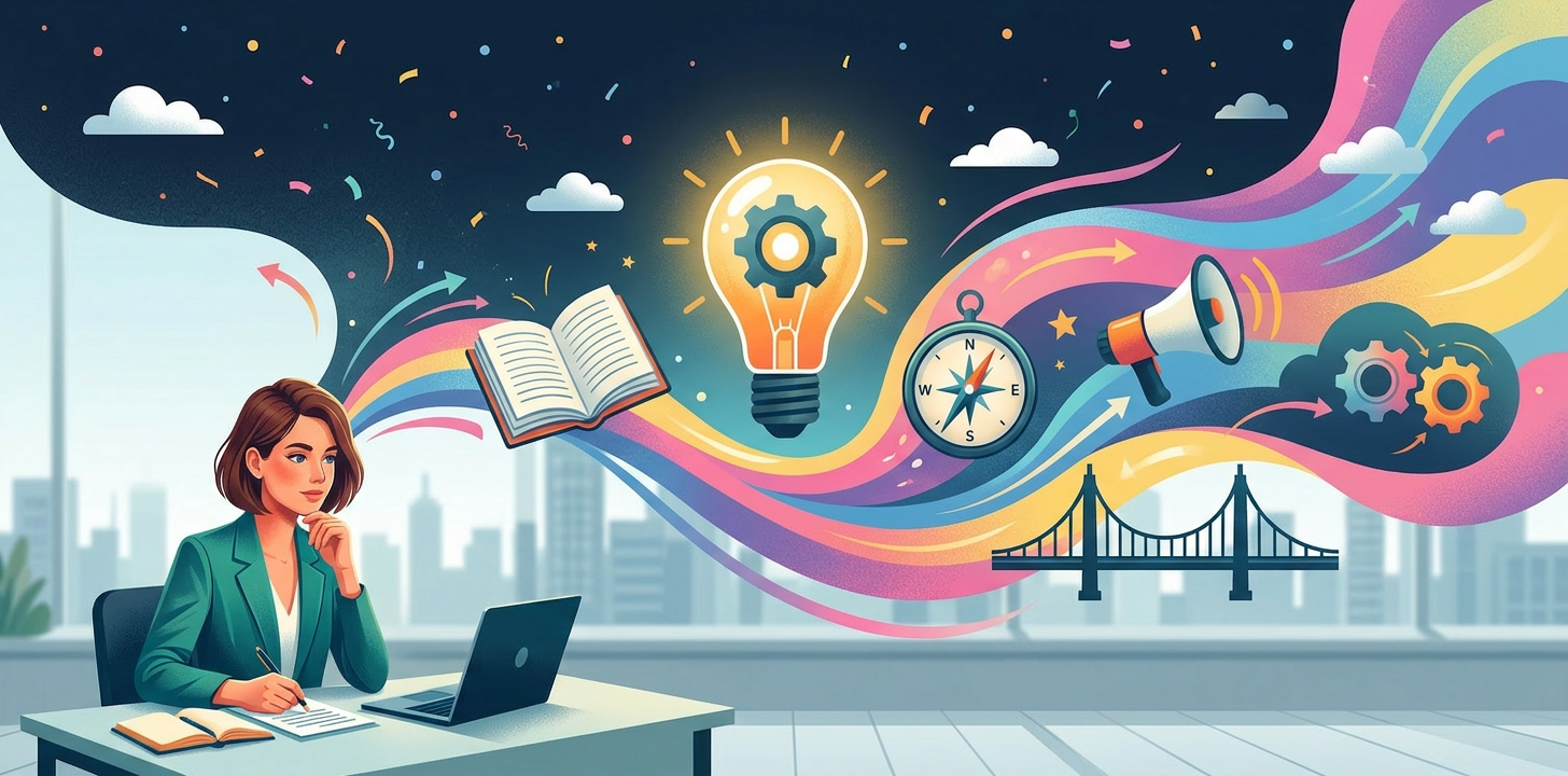 Woman thinking and writing with business writing concept icons around her